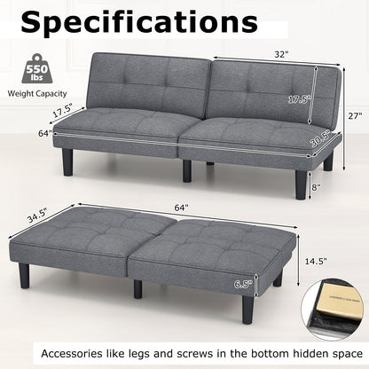 Modern Convertible Futon Sofa Bed with 6-Position Adjustable Backrest and Soft Linen Upholstery