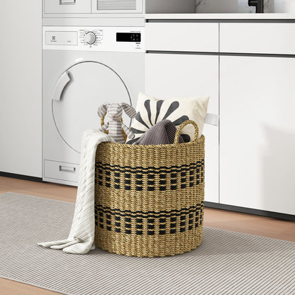 Set of 3 Stackable Storage Baskets, Natural Seaweed & Jute Bins with Handles