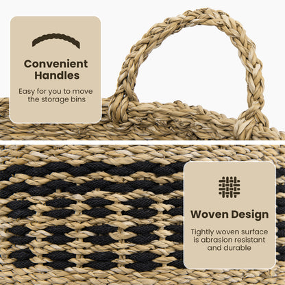Set of 3 Stackable Storage Baskets, Natural Seaweed & Jute Bins with Handles