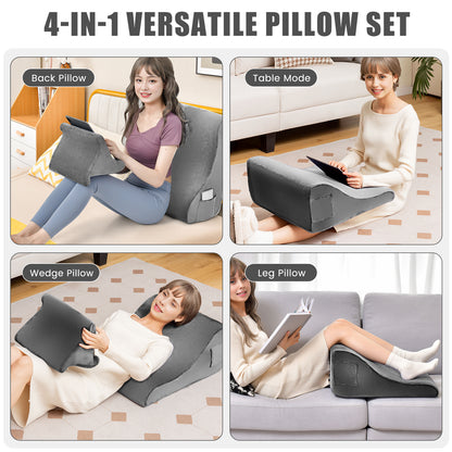 Multi-Functional Bed Wedge Pillow with Tablet Stand and Side Pockets – Grey