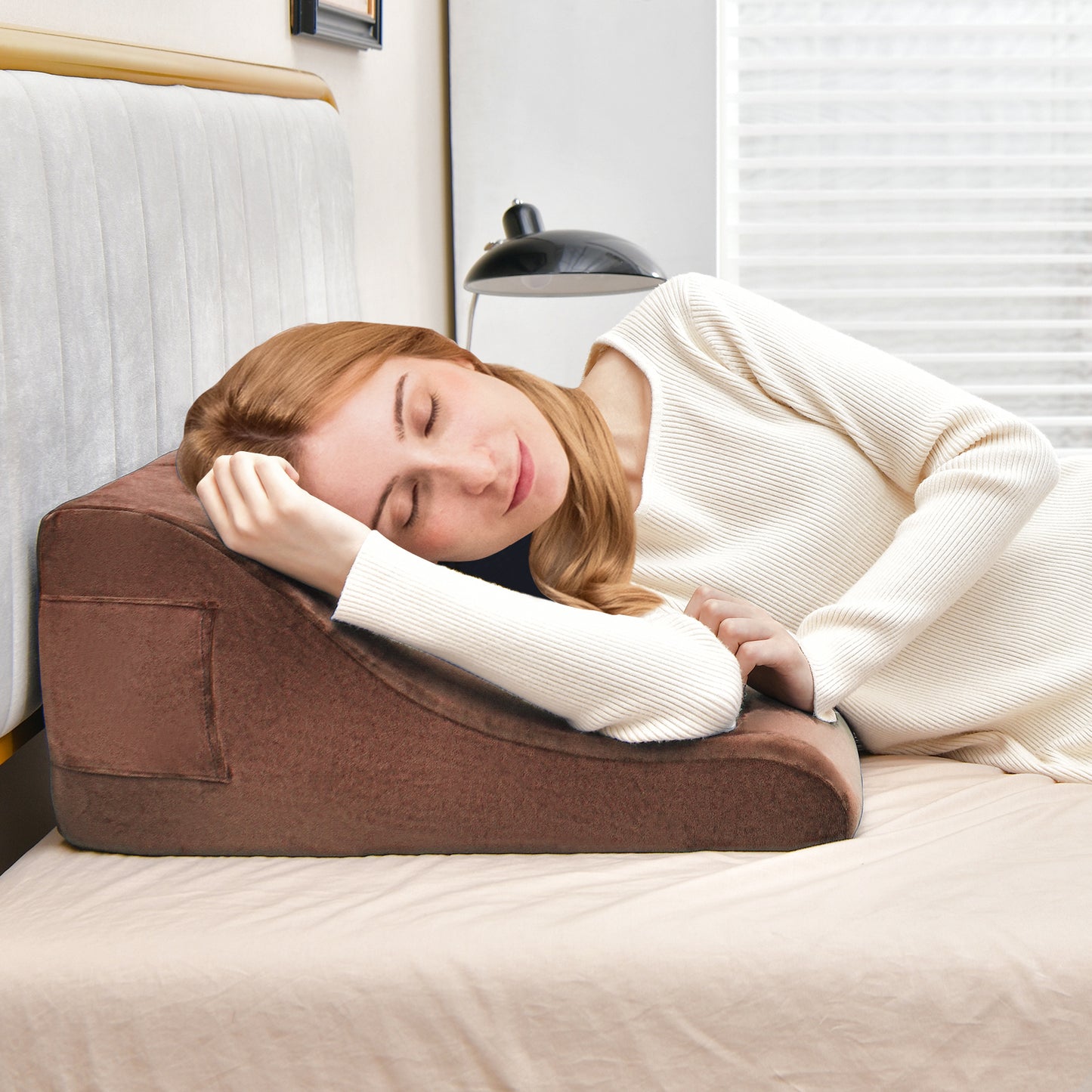 Multi-Functional Bed Wedge Pillow with Tablet Stand and Side Pockets – Brown