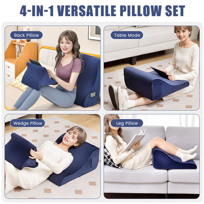 Multi-Functional Bed Wedge Pillow with Tablet Stand and Side Pockets – Navy