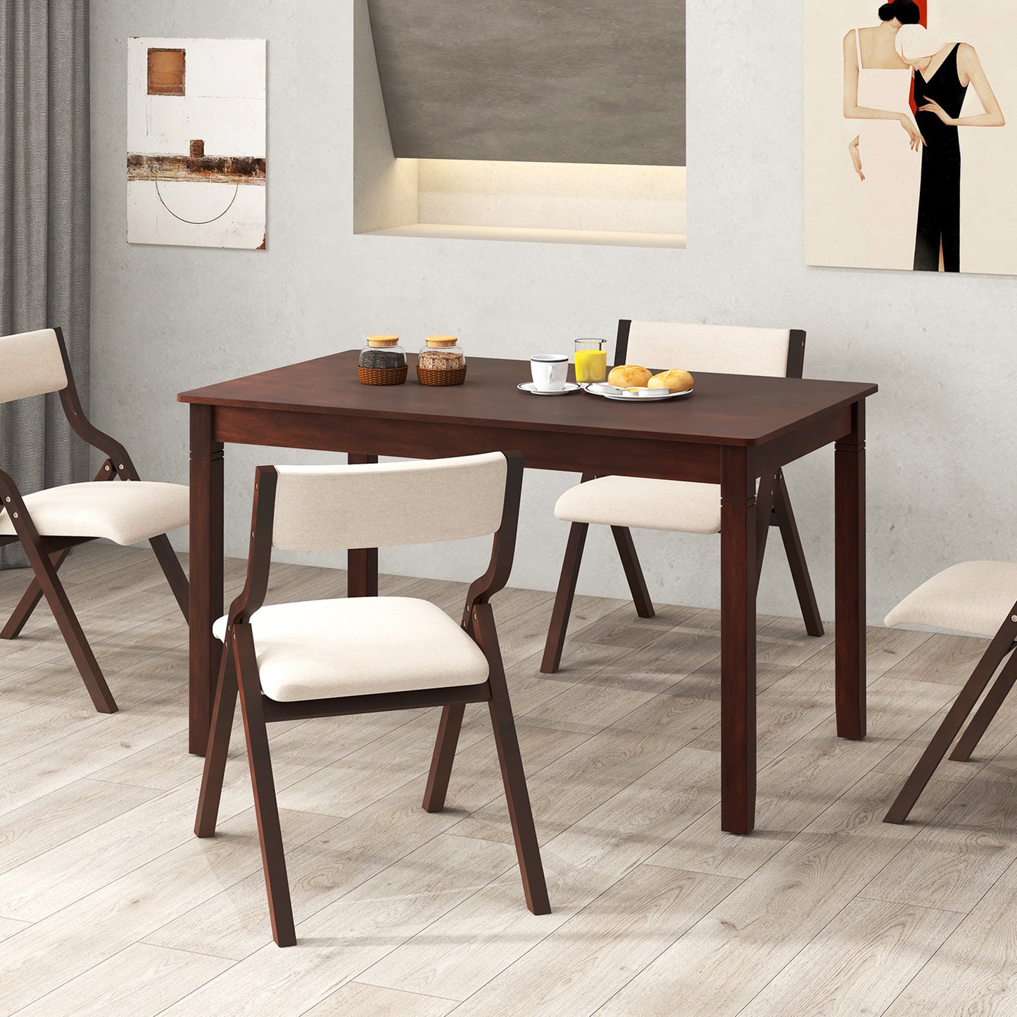 48 Inch Rectangular Wooden Dining Table for 4 with Solid Rubber Wood Legs in Cherry Finish