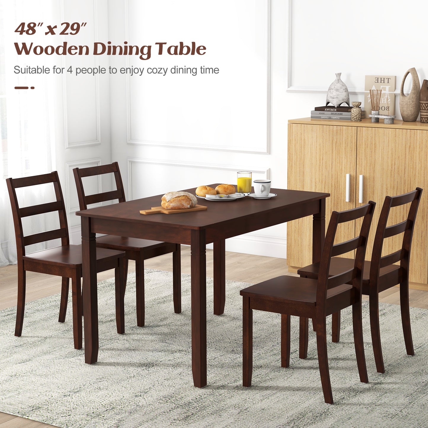 48 Inch Rectangular Wooden Dining Table for 4 with Solid Rubber Wood Legs in Cherry Finish