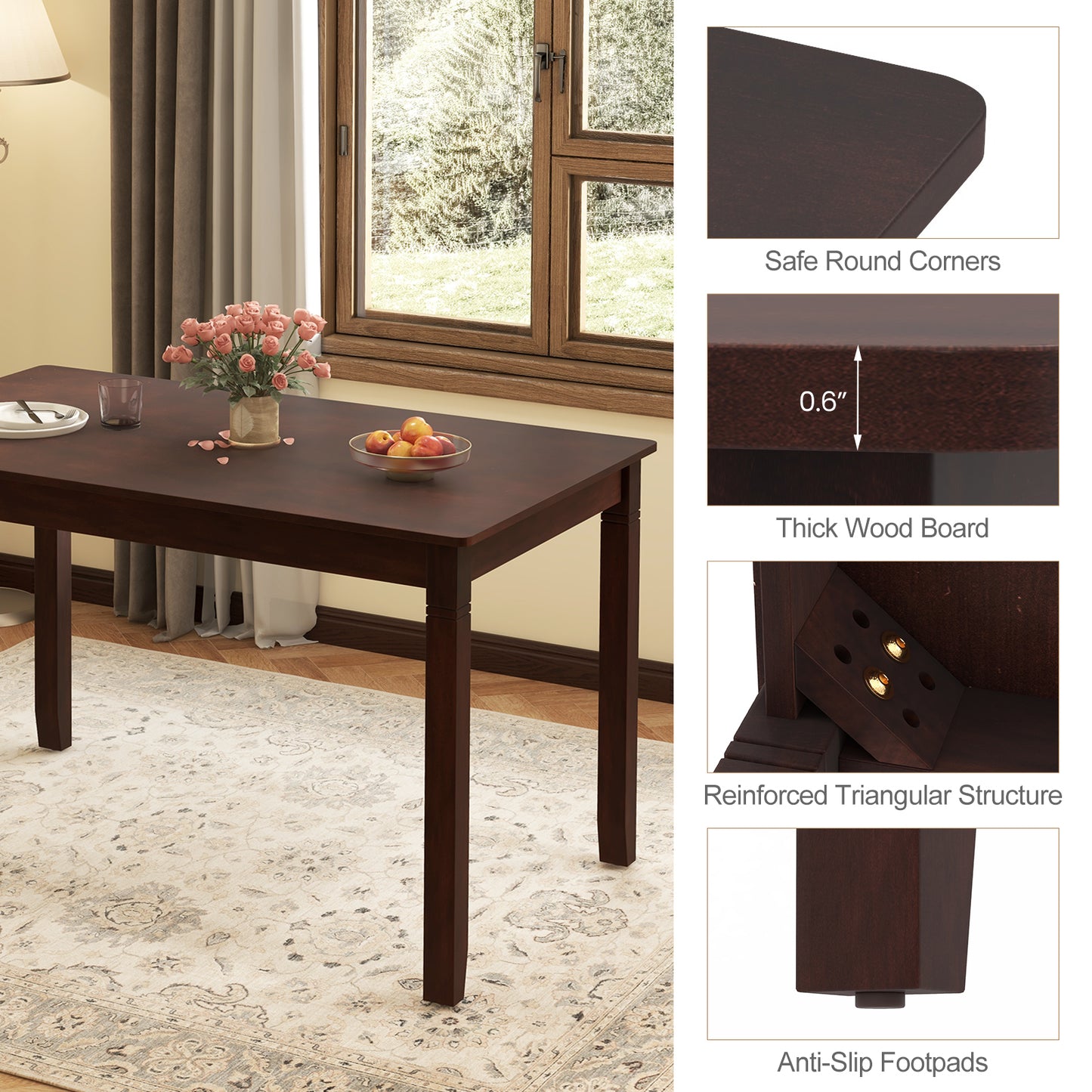 48 Inch Rectangular Wooden Dining Table for 4 with Solid Rubber Wood Legs in Cherry Finish