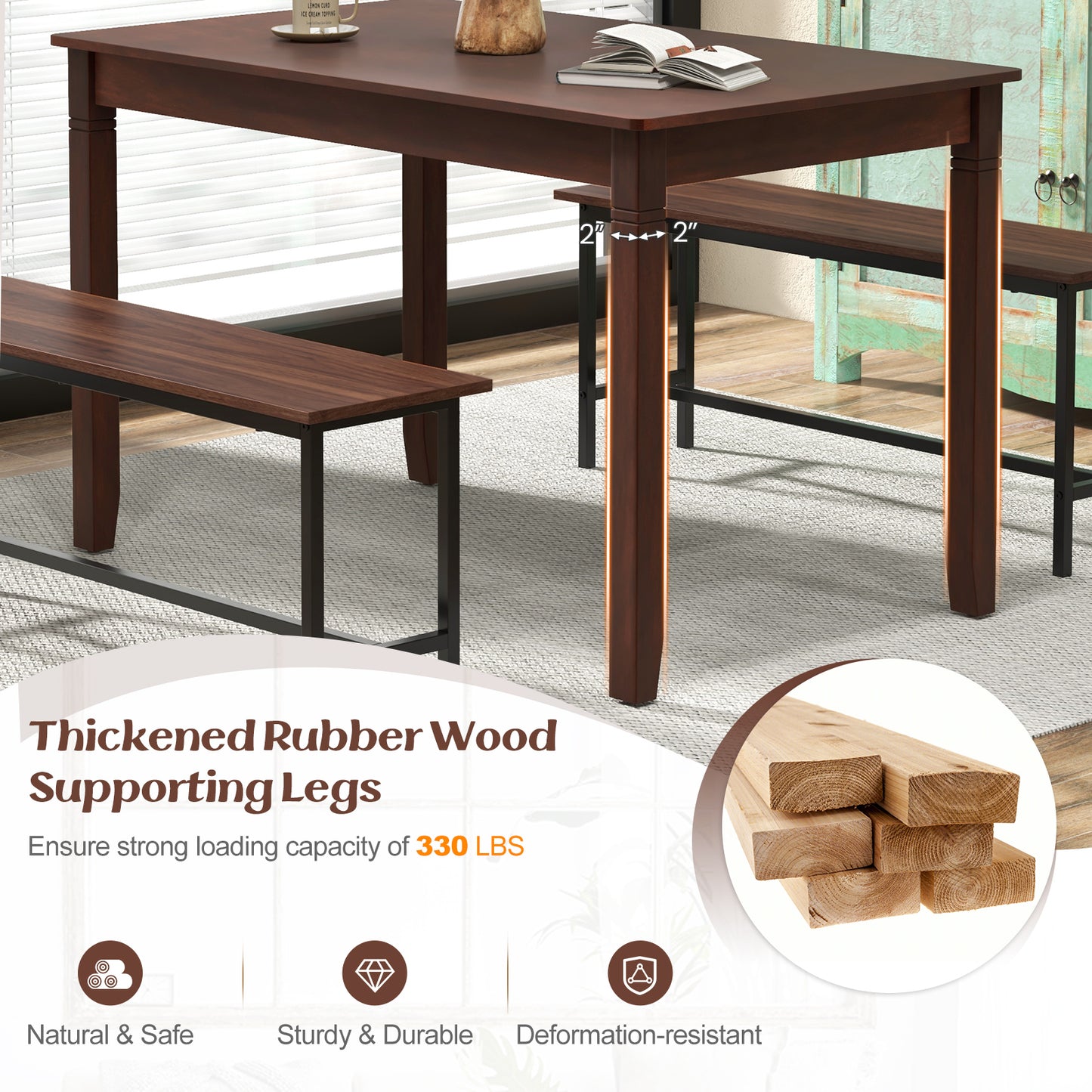 48 Inch Rectangular Wooden Dining Table for 4 with Solid Rubber Wood Legs in Cherry Finish