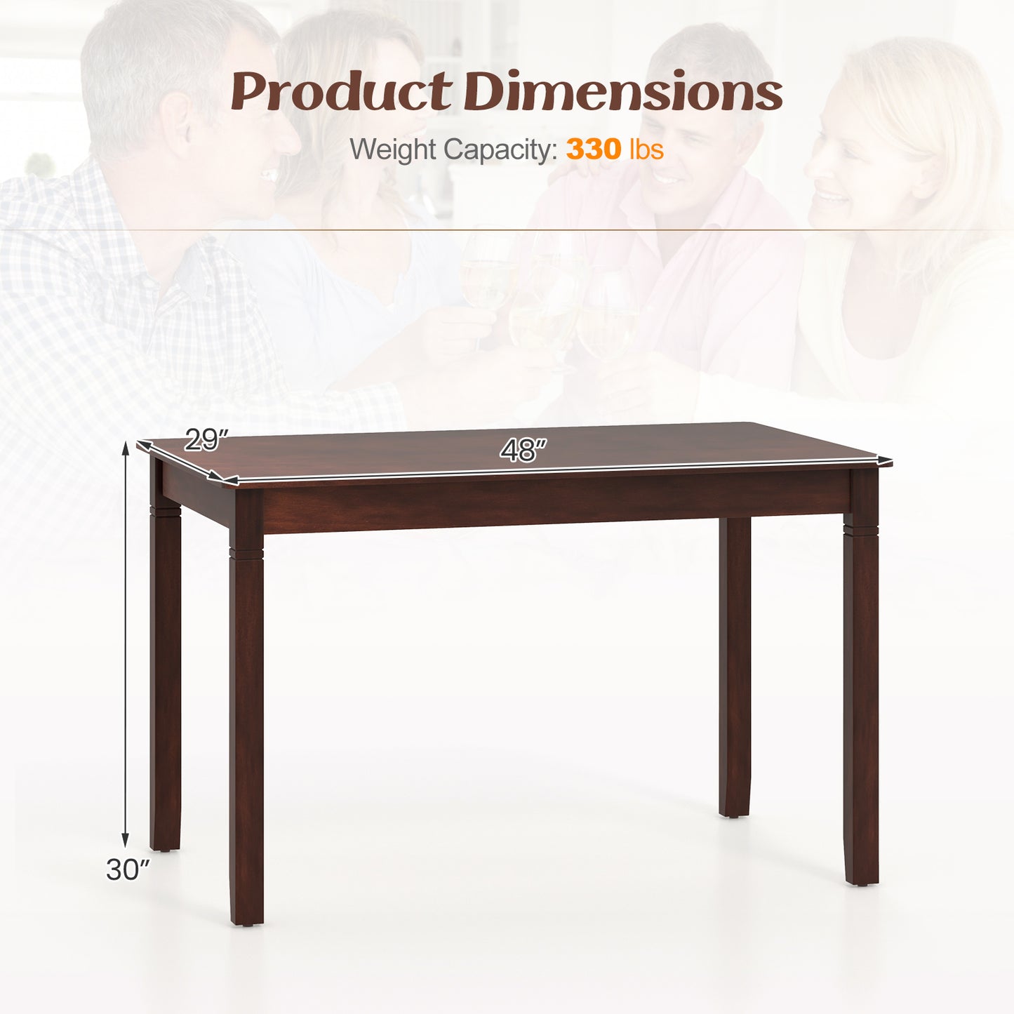 48 Inch Rectangular Wooden Dining Table for 4 with Solid Rubber Wood Legs in Cherry Finish