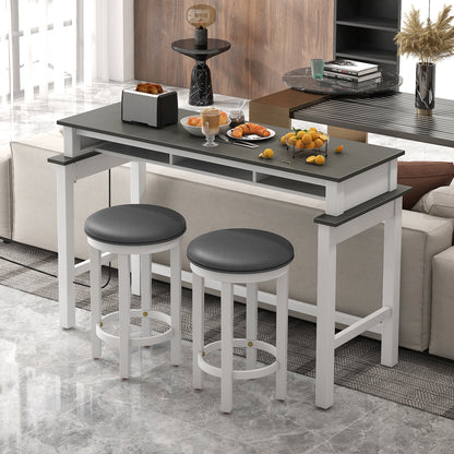 Modern 3 Piece Bar Table Set with Power Outlets Storage Shelves and 2 Upholstered Stools in Grey