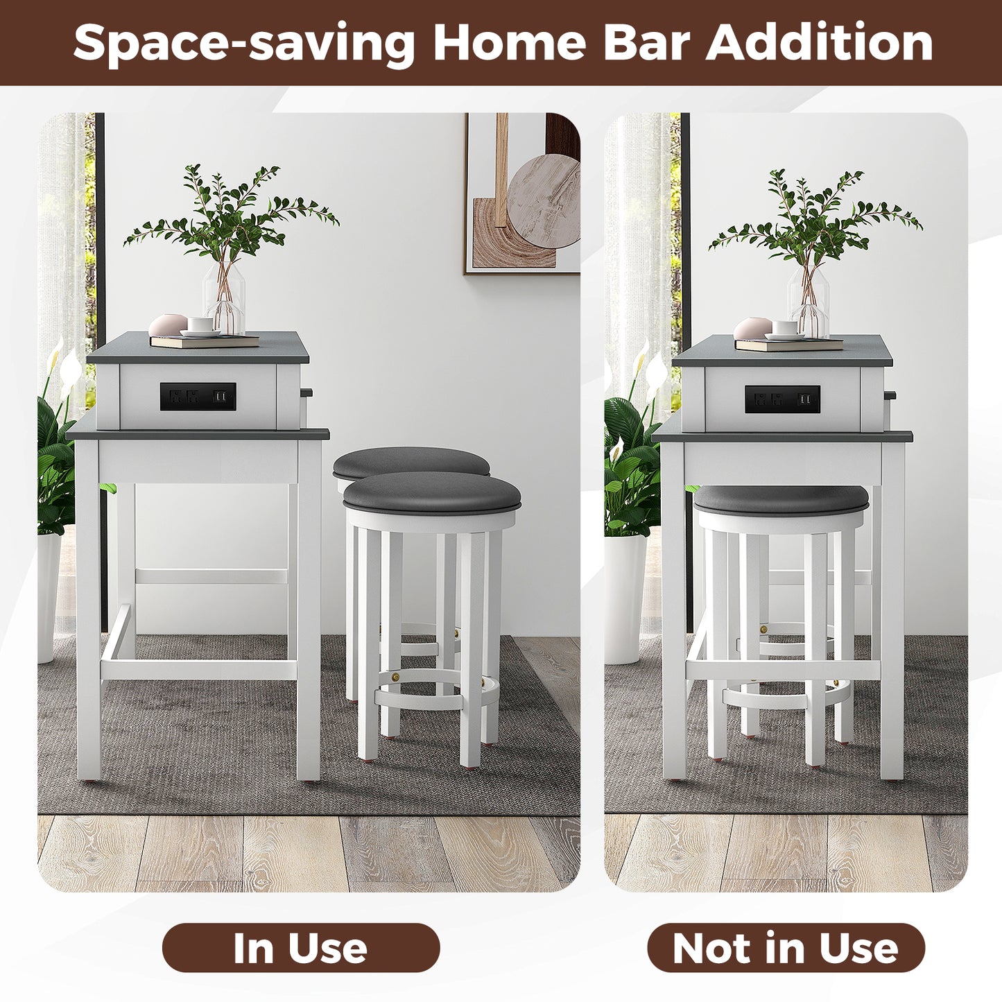 Modern 3 Piece Bar Table Set with Power Outlets Storage Shelves and 2 Upholstered Stools in Grey