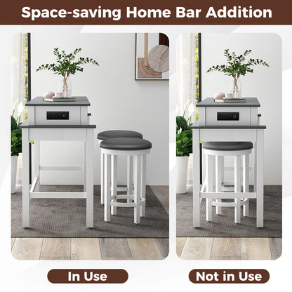 Modern 3 Piece Bar Table Set with Power Outlets Storage Shelves and 2 Upholstered Stools in Grey