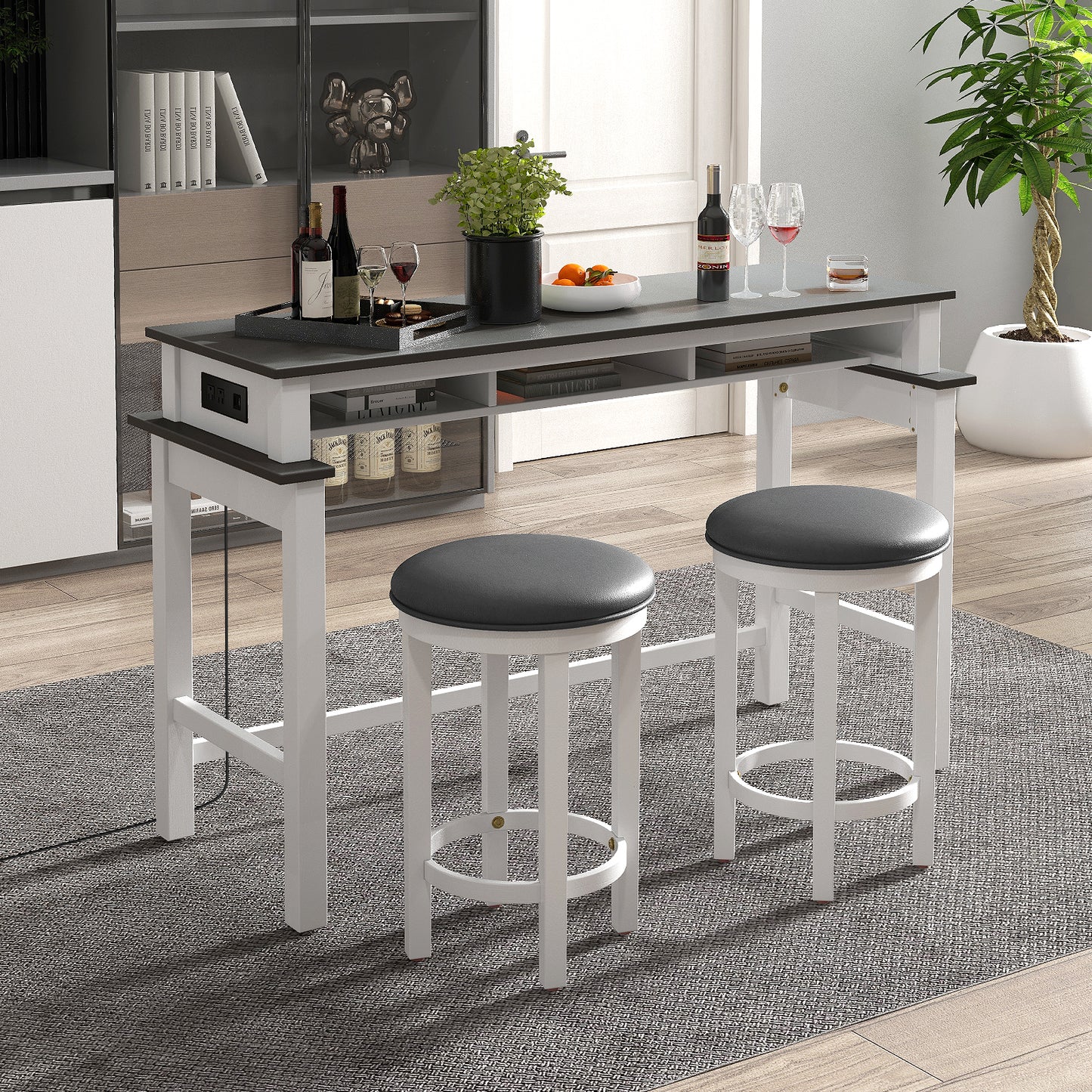 Modern 3 Piece Bar Table Set with Power Outlets Storage Shelves and 2 Upholstered Stools in Grey