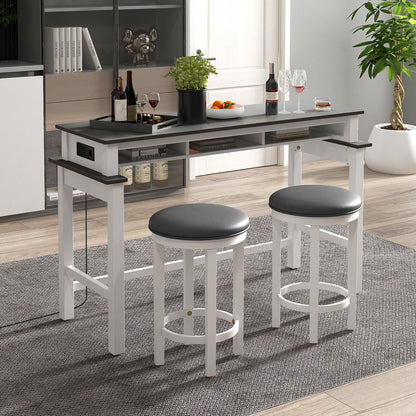 Modern 3 Piece Bar Table Set with Power Outlets Storage Shelves and 2 Upholstered Stools in Grey