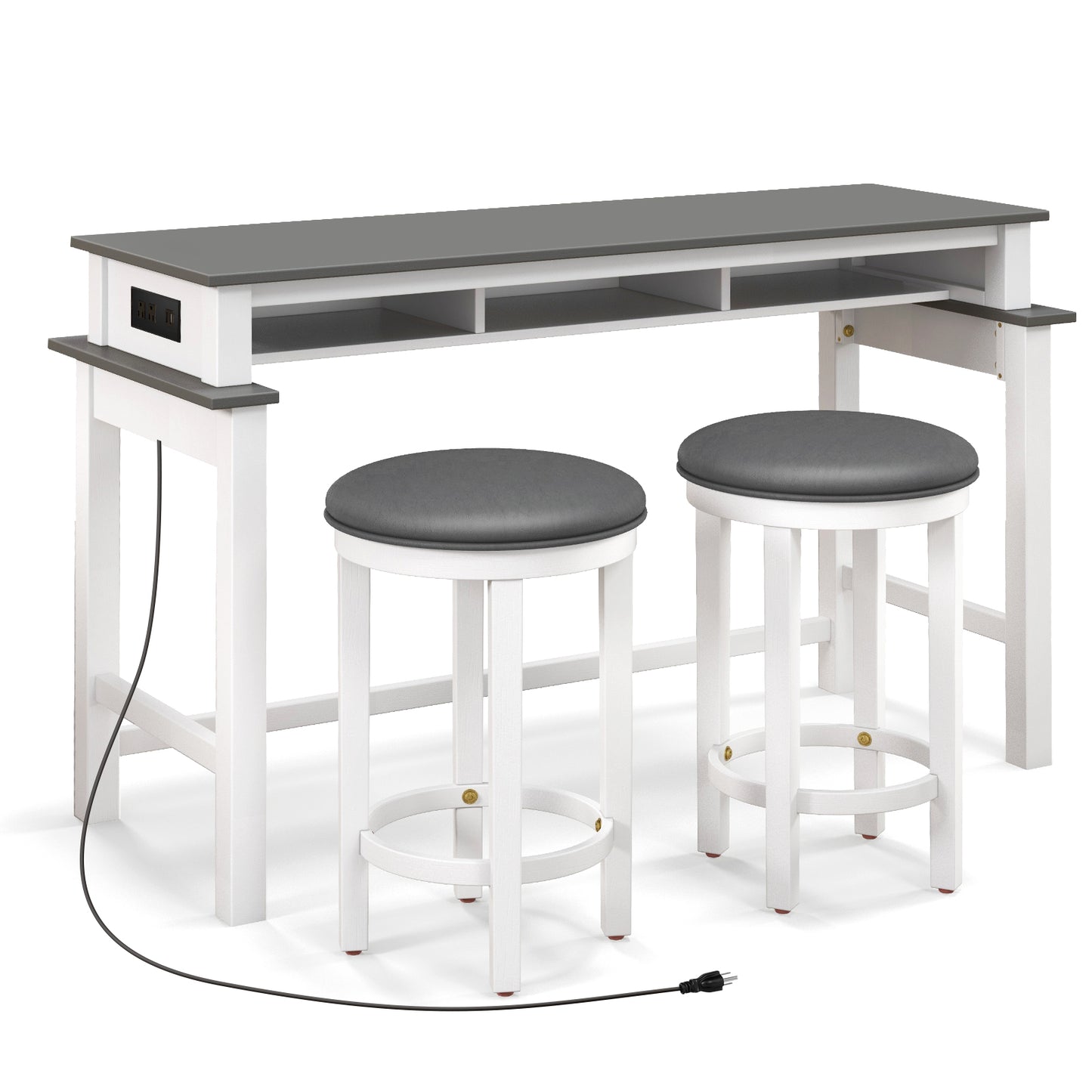 Modern 3 Piece Bar Table Set with Power Outlets Storage Shelves and 2 Upholstered Stools in Grey