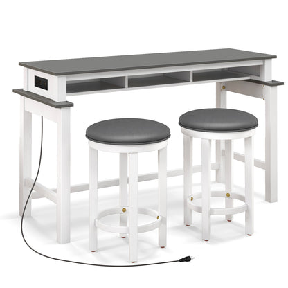 Modern 3 Piece Bar Table Set with Power Outlets Storage Shelves and 2 Upholstered Stools in Grey