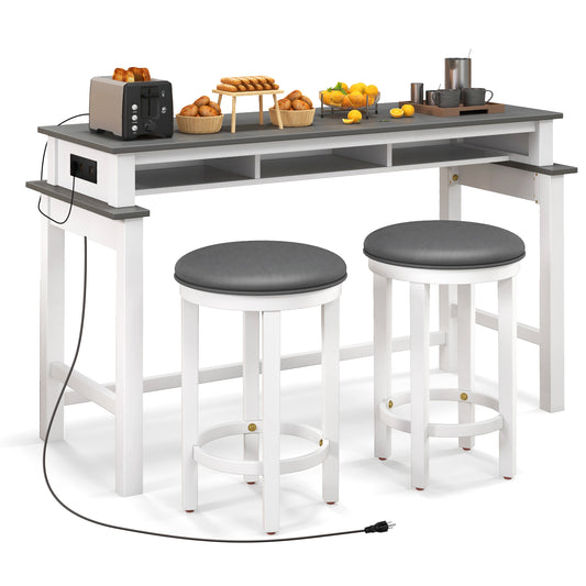 Modern 3 Piece Bar Table Set with Power Outlets Storage Shelves and 2 Upholstered Stools in Grey