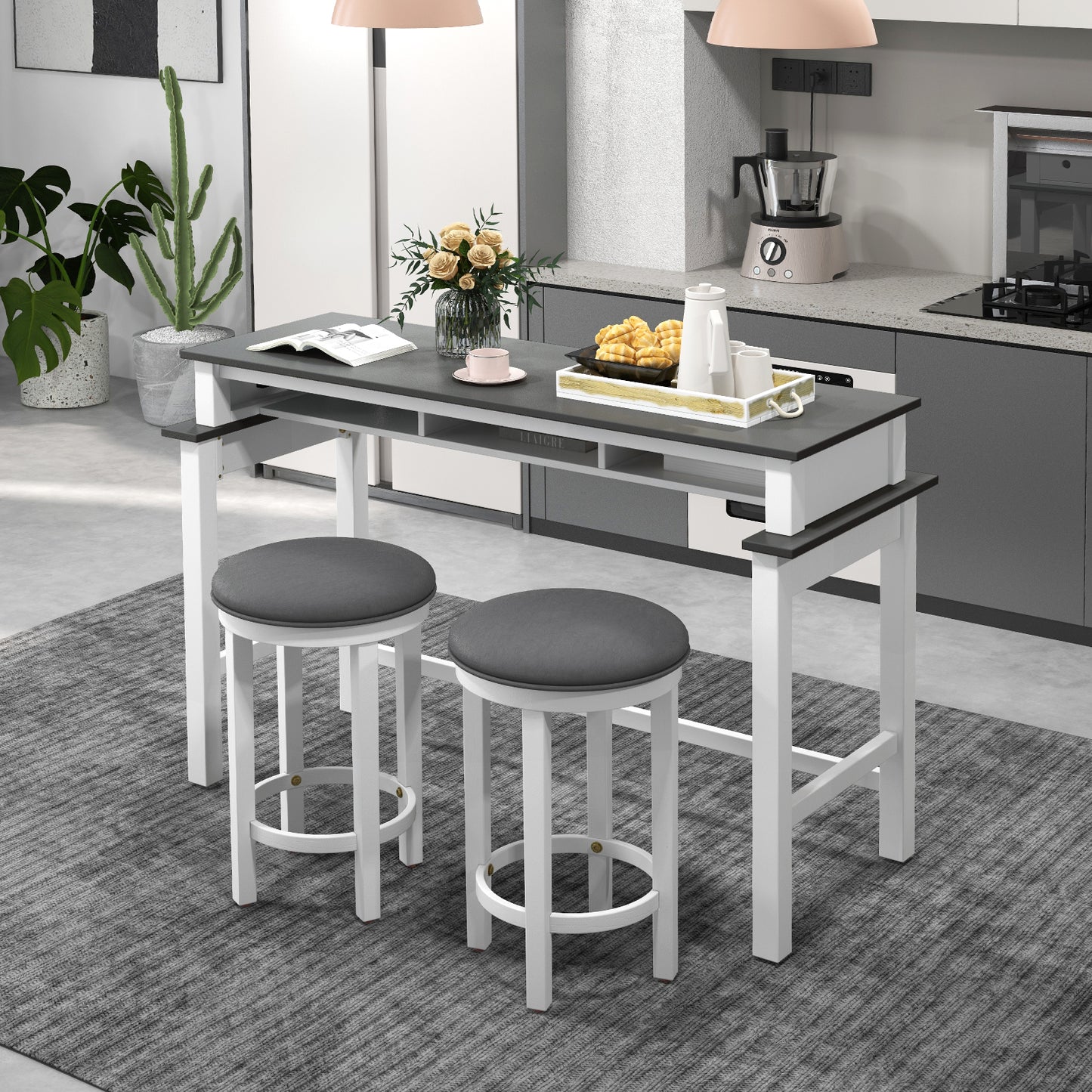 Modern 3 Piece Bar Table Set with Power Outlets Storage Shelves and 2 Upholstered Stools in Grey