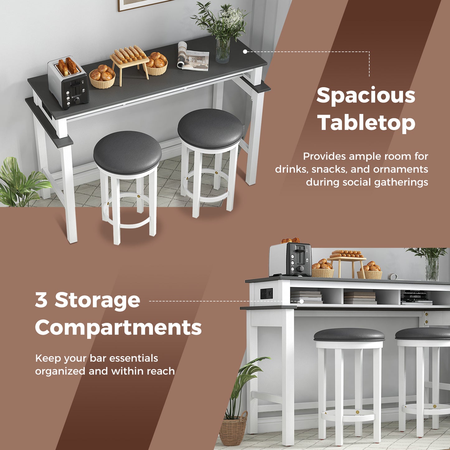 Modern 3 Piece Bar Table Set with Power Outlets Storage Shelves and 2 Upholstered Stools in Grey