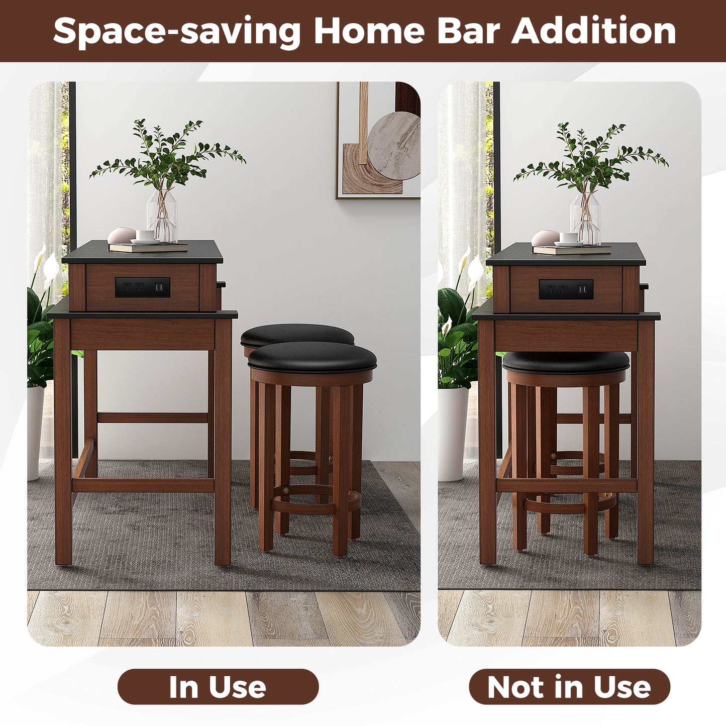Modern 3 Piece Bar Table Set with Power Outlets Storage Shelves and 2 Upholstered Stools in Black