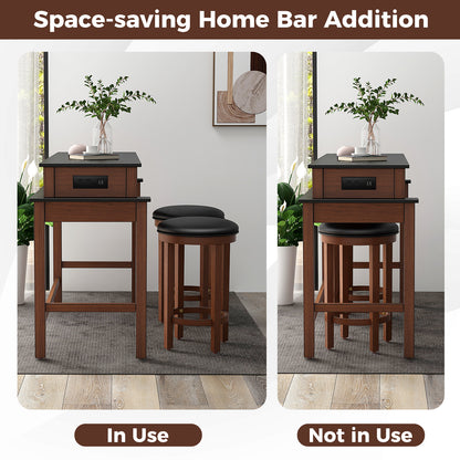 Modern 3 Piece Bar Table Set with Power Outlets Storage Shelves and 2 Upholstered Stools in Black