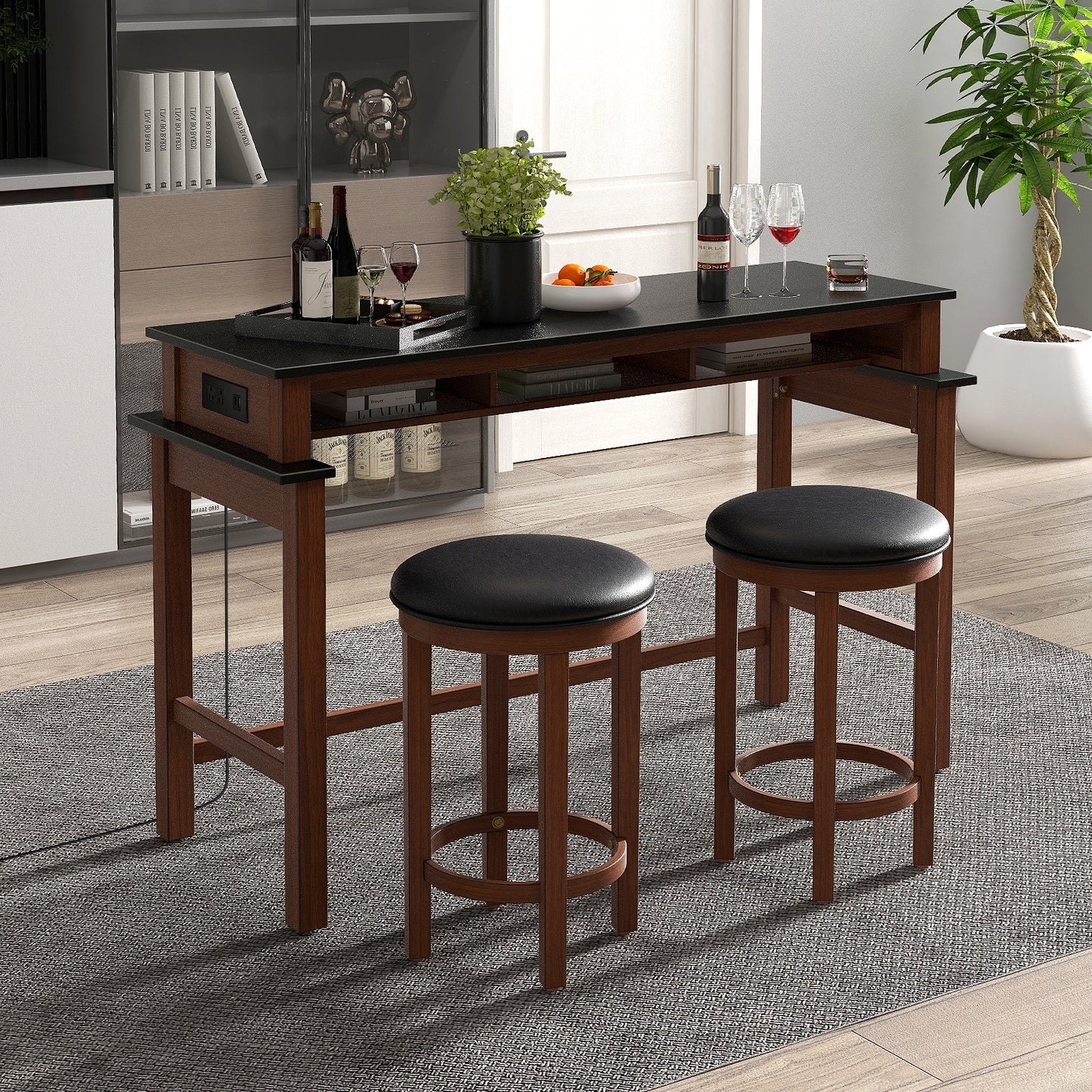 Modern 3 Piece Bar Table Set with Power Outlets Storage Shelves and 2 Upholstered Stools in Black