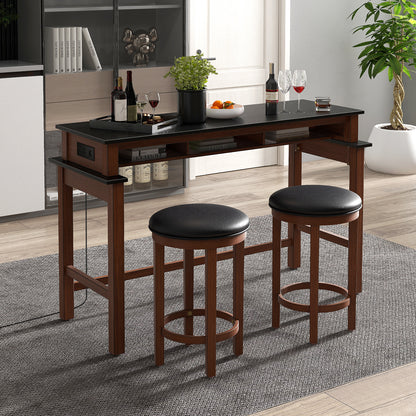 Modern 3 Piece Bar Table Set with Power Outlets Storage Shelves and 2 Upholstered Stools in Black