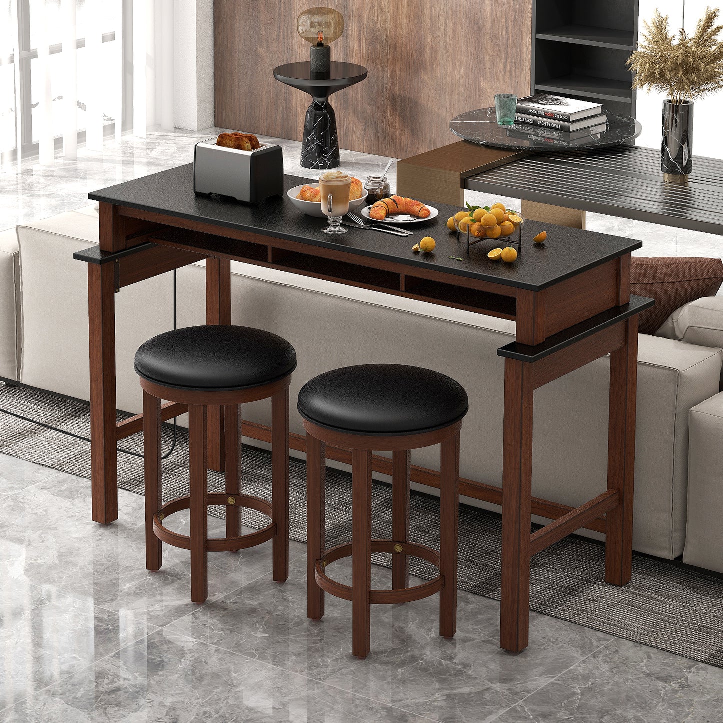 Modern 3 Piece Bar Table Set with Power Outlets Storage Shelves and 2 Upholstered Stools in Black