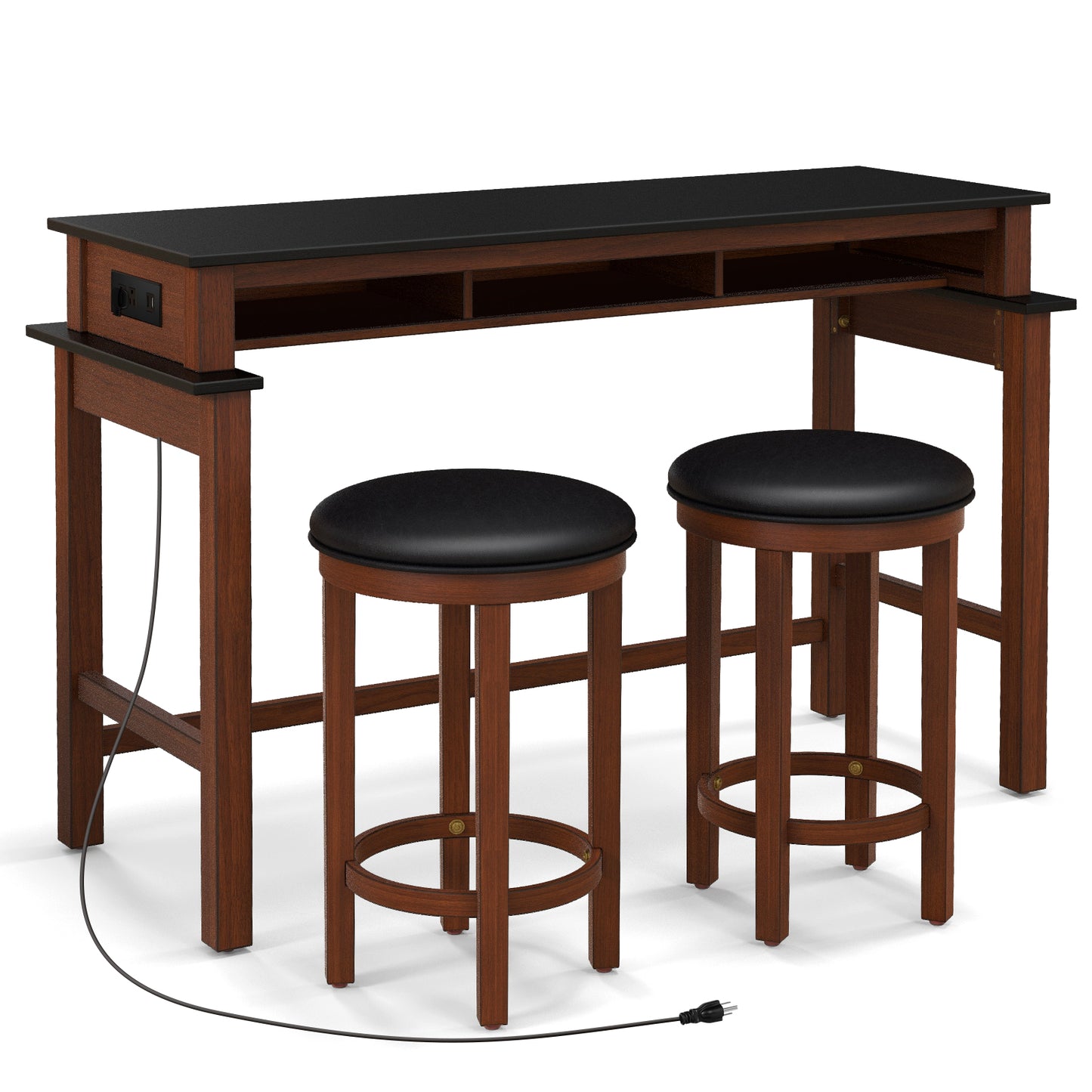Modern 3 Piece Bar Table Set with Power Outlets Storage Shelves and 2 Upholstered Stools in Black