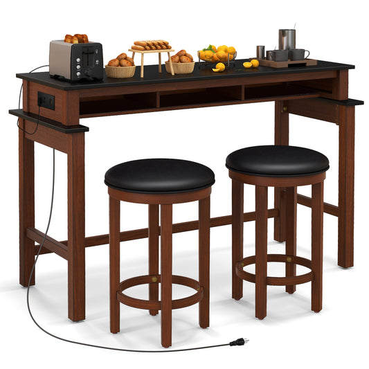 Modern 3 Piece Bar Table Set with Power Outlets Storage Shelves and 2 Upholstered Stools in Black