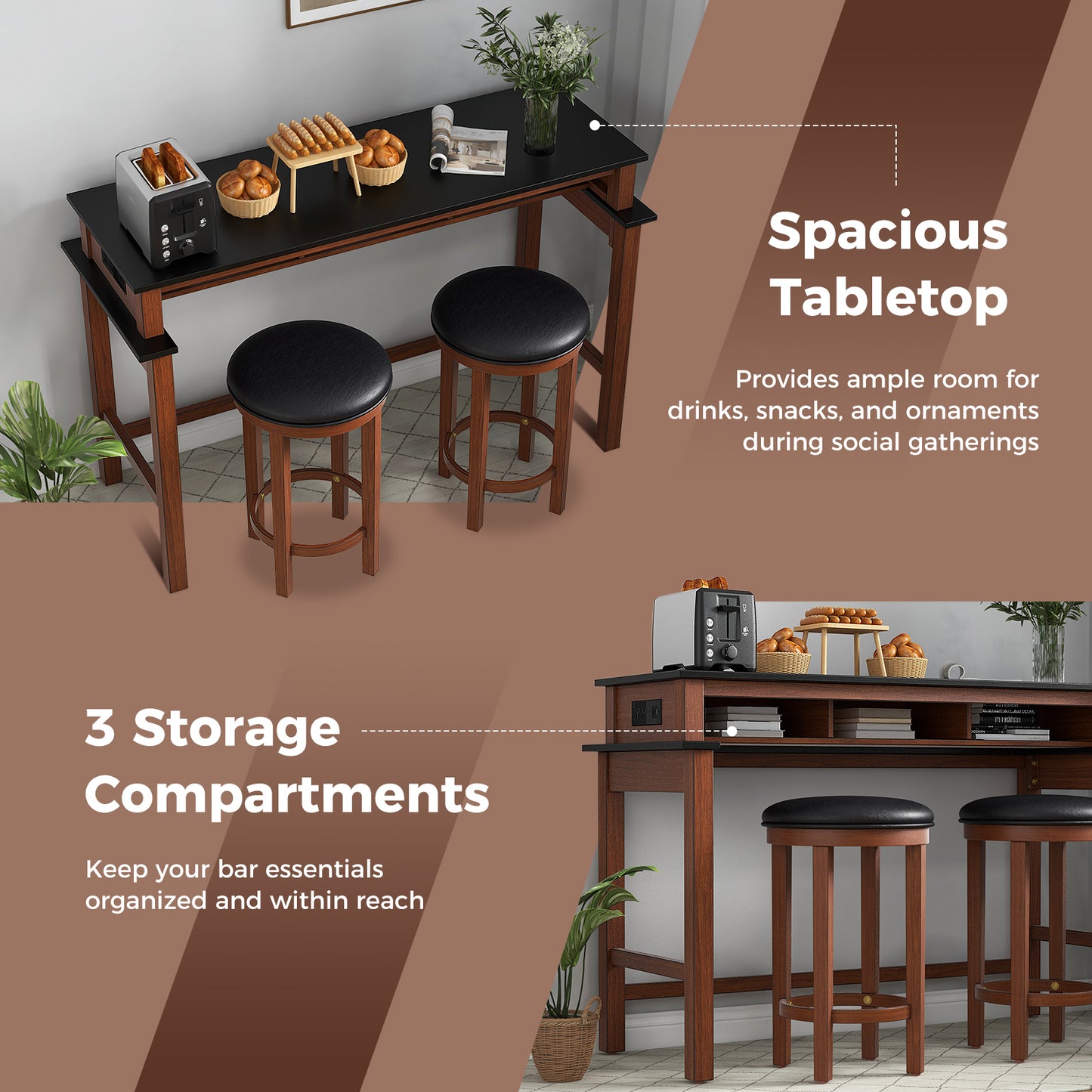 Modern 3 Piece Bar Table Set with Power Outlets Storage Shelves and 2 Upholstered Stools in Black