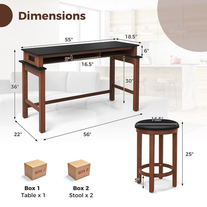 Modern 3 Piece Bar Table Set with Power Outlets Storage Shelves and 2 Upholstered Stools in Black