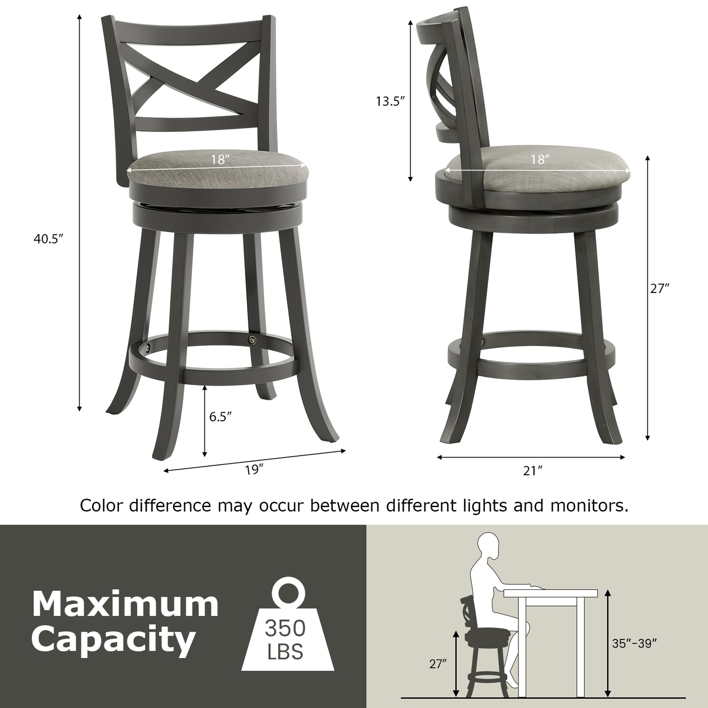 Swivel Bar Stools with Hollow Back and Plush Padded Seat 27 Inch – Set of 2