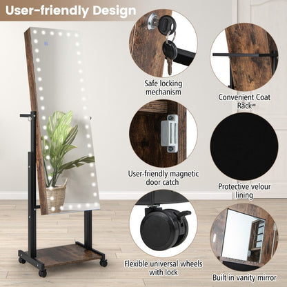 LED Mirror Jewelry Cabinet Armoire with Adjustable Height, Lockable Storage, and Wheels – Brown