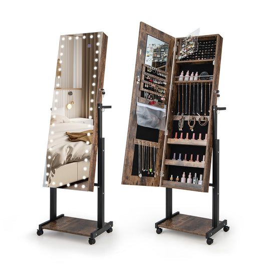 LED Mirror Jewelry Cabinet Armoire with Adjustable Height, Lockable Storage, and Wheels – Brown