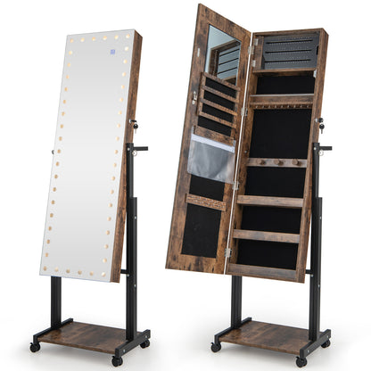 LED Mirror Jewelry Cabinet Armoire with Adjustable Height, Lockable Storage, and Wheels – Brown