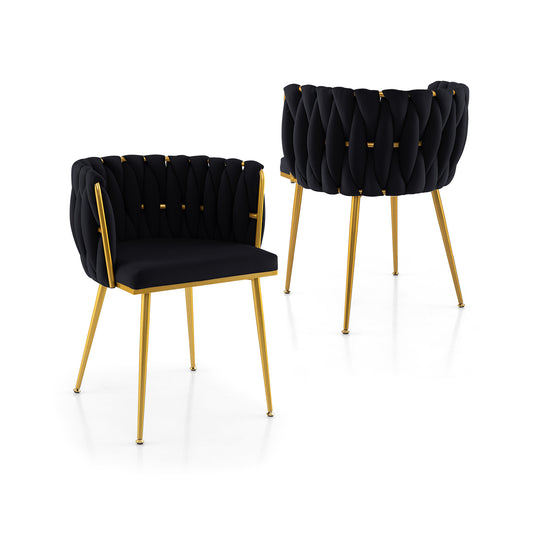 Set of 2 Velvet Upholstered Dining Chairs with Curved Backrest and Metal Frame - Black
