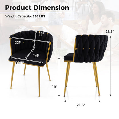 Set of 2 Velvet Upholstered Dining Chairs with Curved Backrest and Metal Frame - Black