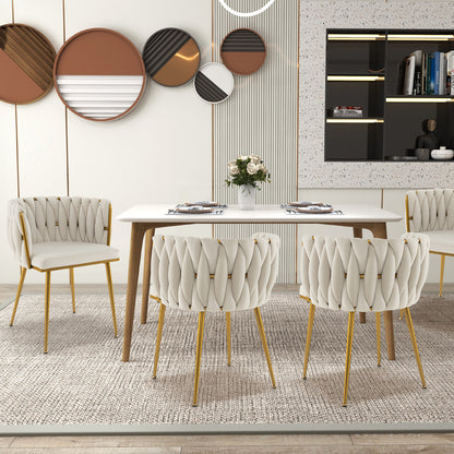 Set of 2 Velvet Upholstered Dining Chairs with Curved Backrest and Metal Frame - White