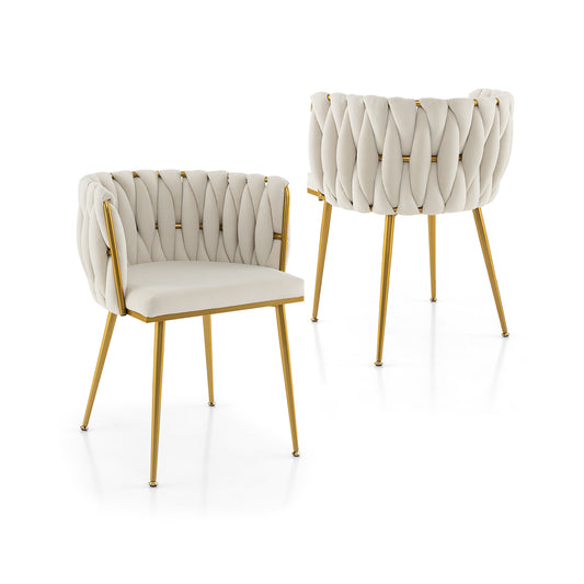 Set of 2 Velvet Upholstered Dining Chairs with Curved Backrest and Metal Frame - White