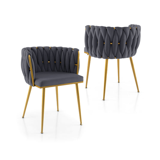 Set of 2 Velvet Upholstered Dining Chairs with Curved Backrest and Metal Frame - Grey