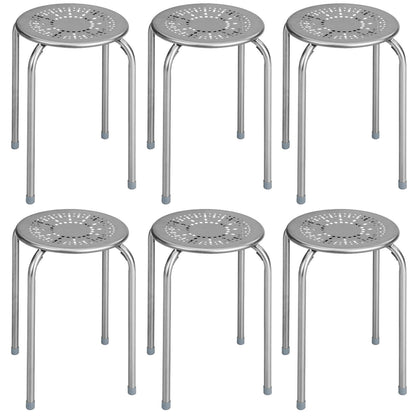 Set of 6 Stackable Metal Stools with Daisy Design Backless and Versatile Grey Round Stools