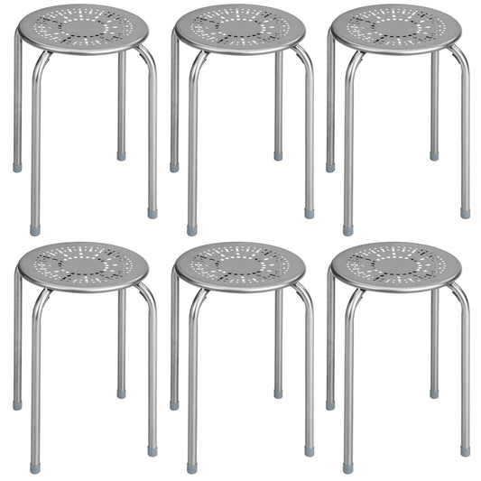 Set of 6 Stackable Metal Stools with Daisy Design Backless and Versatile Grey Round Stools