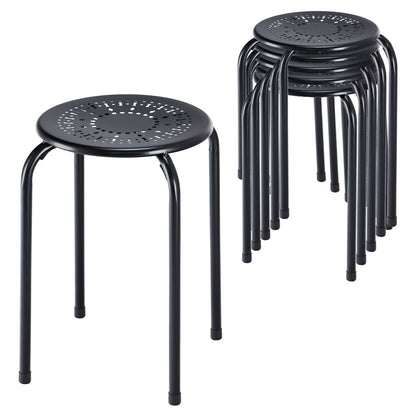 Set of 6 Stackable Metal Stools with Daisy Design Backless and Versatile Black Round Stools