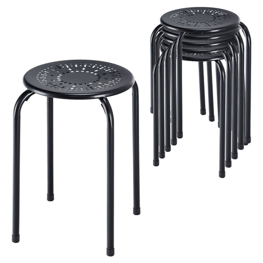 Set of 6 Stackable Metal Stools with Daisy Design Backless and Versatile Black Round Stools
