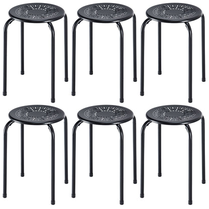 Set of 6 Stackable Metal Stools with Daisy Design Backless and Versatile Black Round Stools