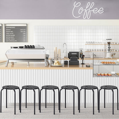 Set of 6 Stackable Metal Stools with Daisy Design Backless and Versatile Black Round Stools
