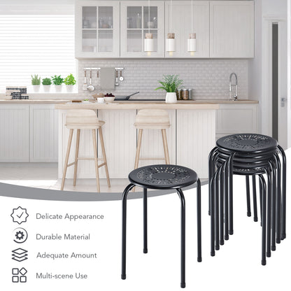 Set of 6 Stackable Metal Stools with Daisy Design Backless and Versatile Black Round Stools