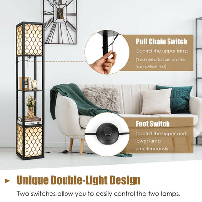 Modern Freestanding Floor Lamp with Dual Shelves, Pull Chain & Foot Switch