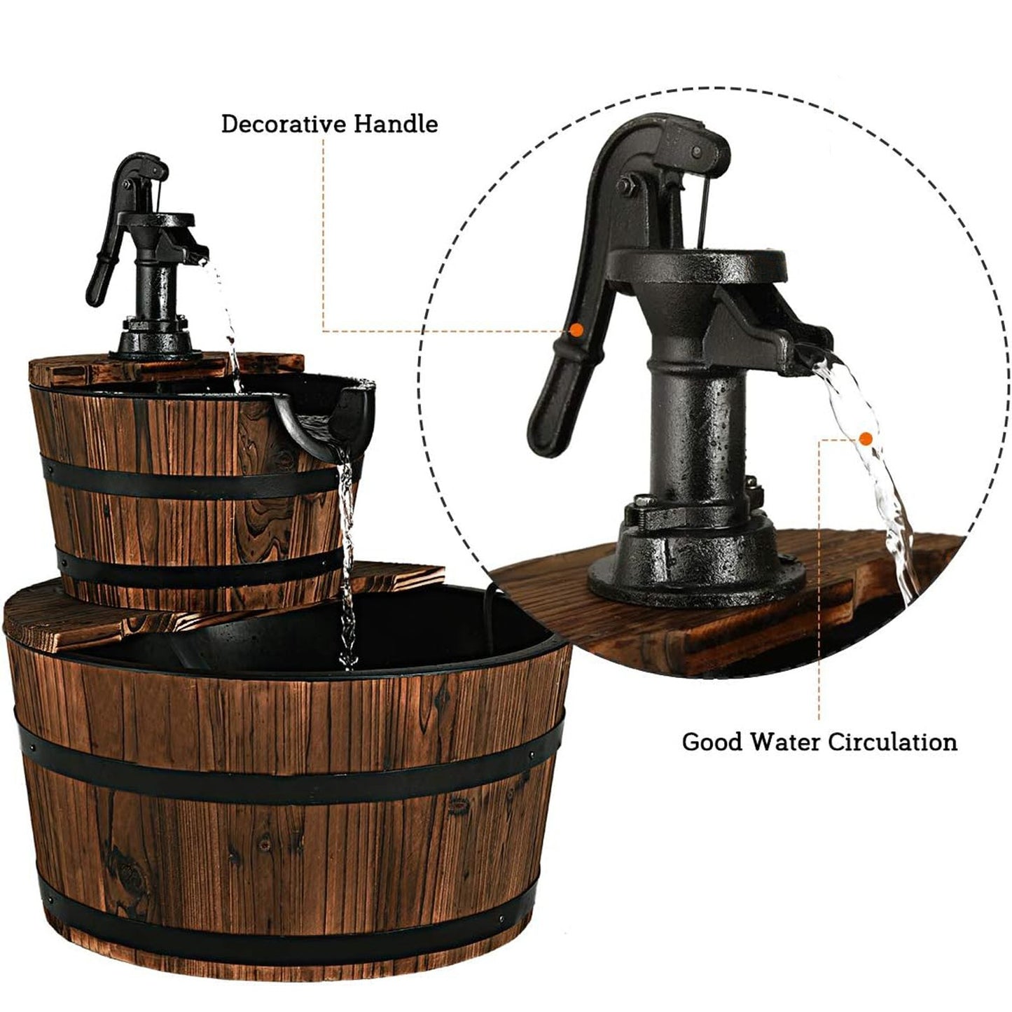 Rustic 2 Tier Wooden Barrel Waterfall Fountain with Decorative Pump