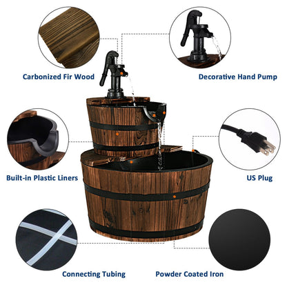 Rustic 2 Tier Wooden Barrel Waterfall Fountain with Decorative Pump