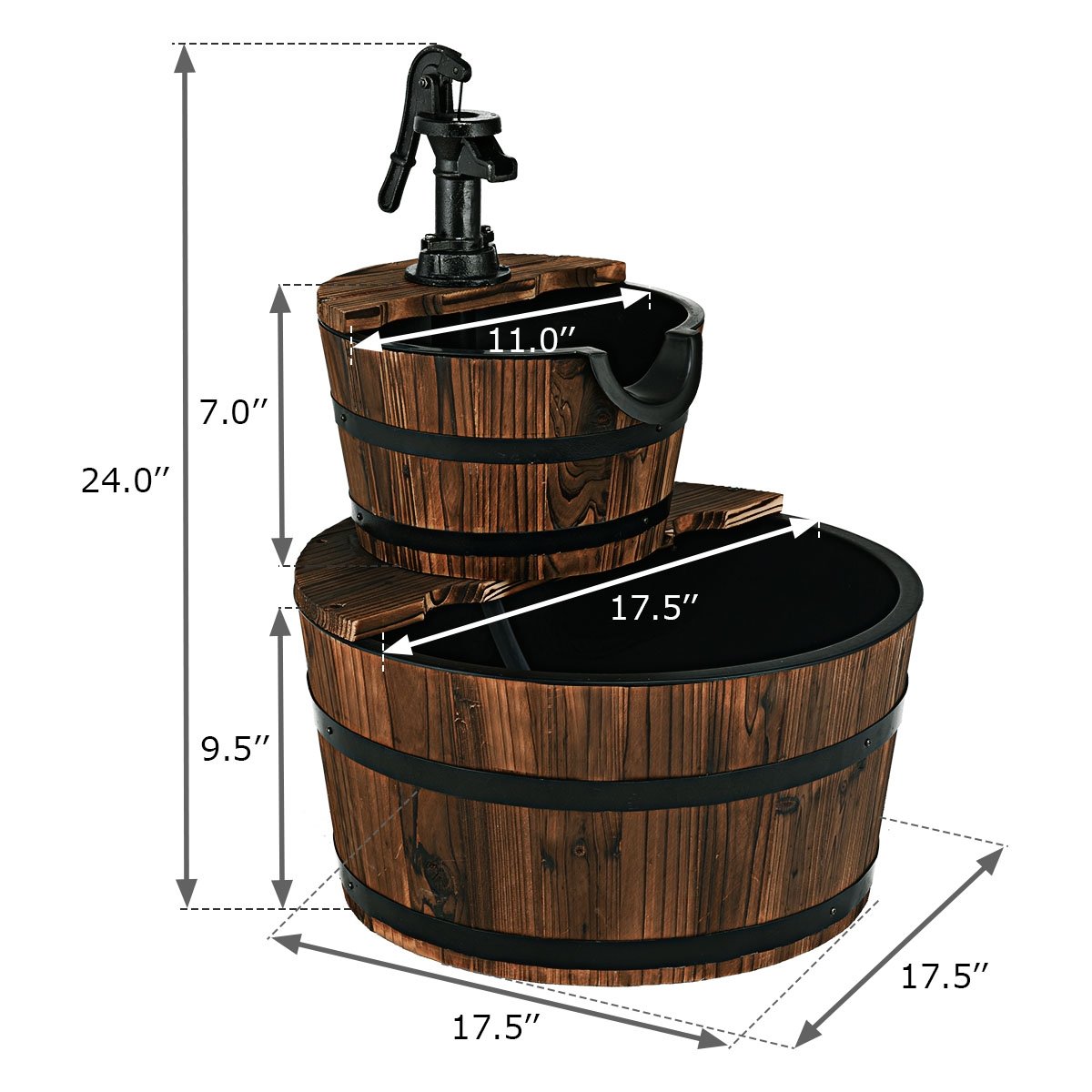 Rustic 2 Tier Wooden Barrel Waterfall Fountain with Decorative Pump